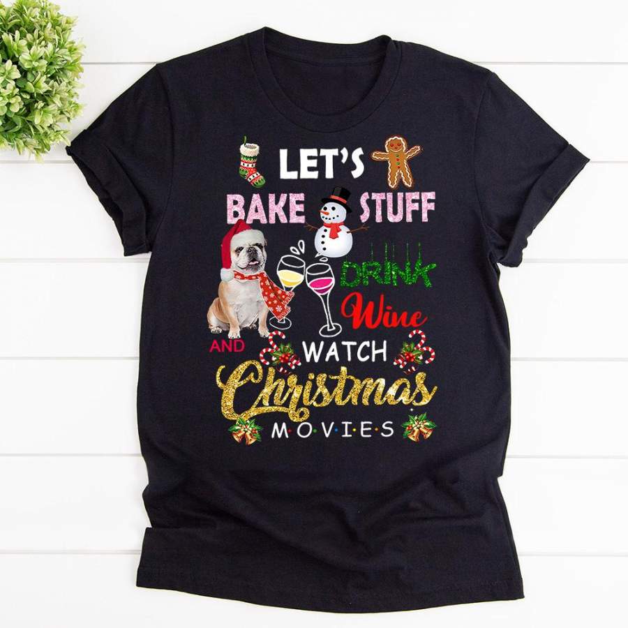 Christmas let’s bake stuff santa hat pug dog wine watch candy cane black cotton t shirt for men and women S-6XL