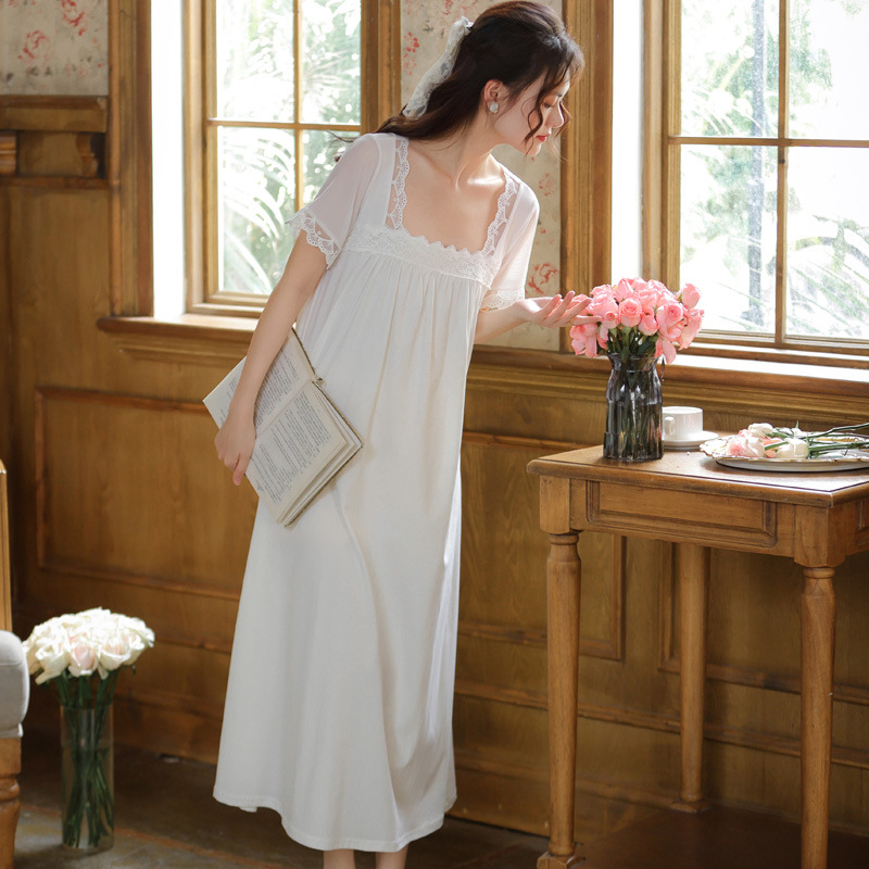 Vintage Victorian Nightgowns Women Summer White Cotton Night Dress Fairy Mesh Short Sleeve Long Robe Peignoir Princess Sleepwear alx