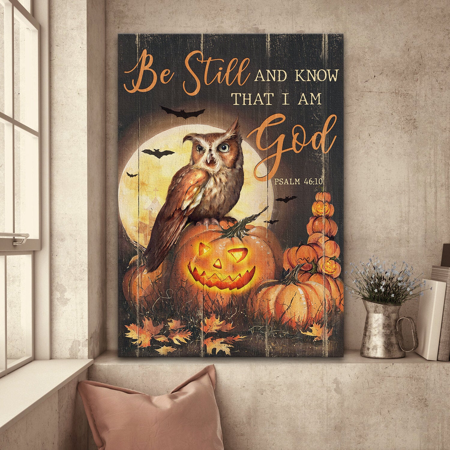 Jesus – Halloween With Owl And Pumpkins – Be Still And Know That I Am God – Portrait Canvas Prints, Wall Art