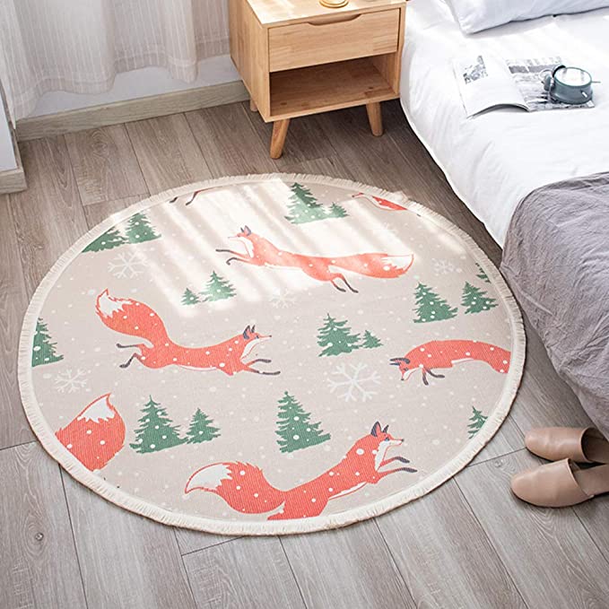 Round Fox Rug Cotton Woven Boho Rug With Tassel Big Circle Area Rug For Bedroom Living Room, Cute Circular Kids Rug For Nursery Playroom