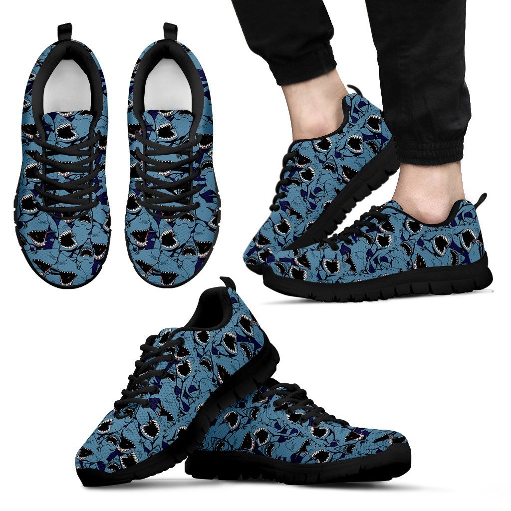 Shark Circling Pattern Print Black Sneaker Shoes For Men Women