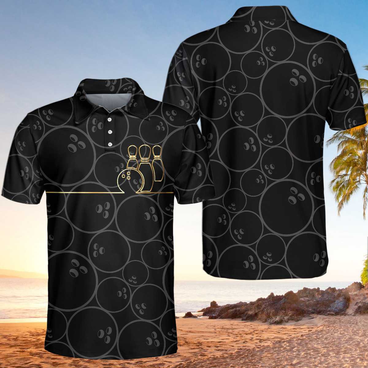 Bowling Pattern And Golden Polo Shirt, Bowling Ball Background Polo Shirt, Best Bowling Shirt For Men Coolspod