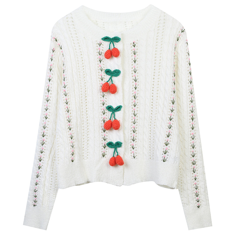 2022 Luxury New Striped Embroidery Knitting Cherry Three-Dimensional Decorative Temperament Pullover Retro Round Neck Top alx