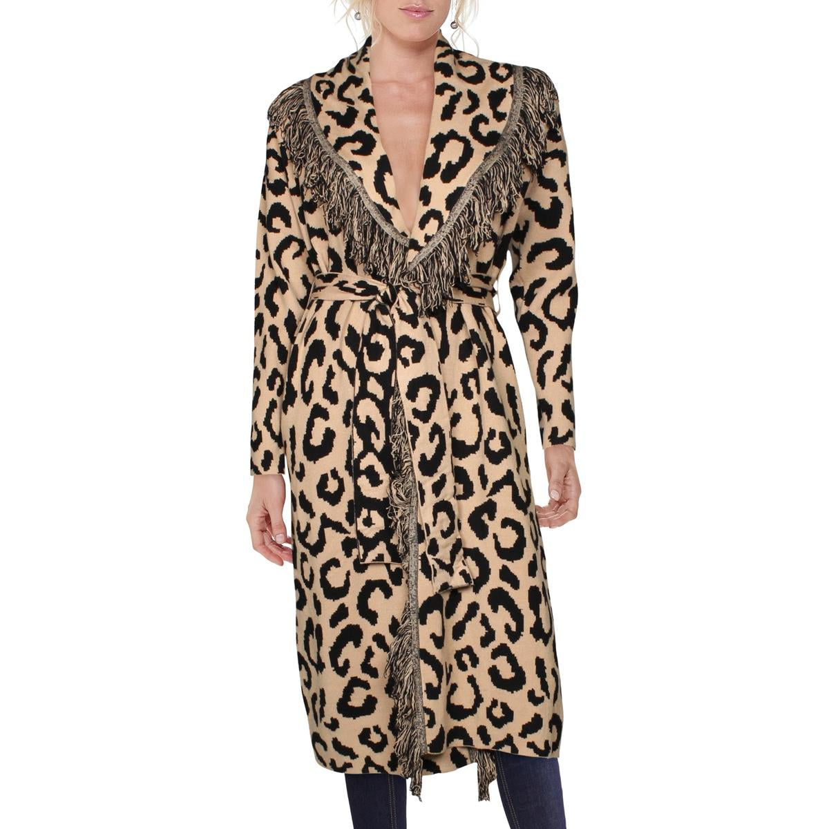 Womens Animal Print Fringe Duster Sweater