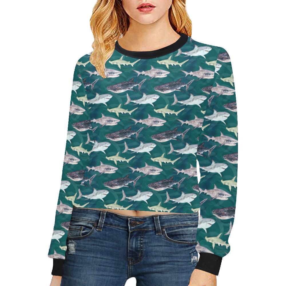 Shark Style Print Cropped Pullover Sweatshirt