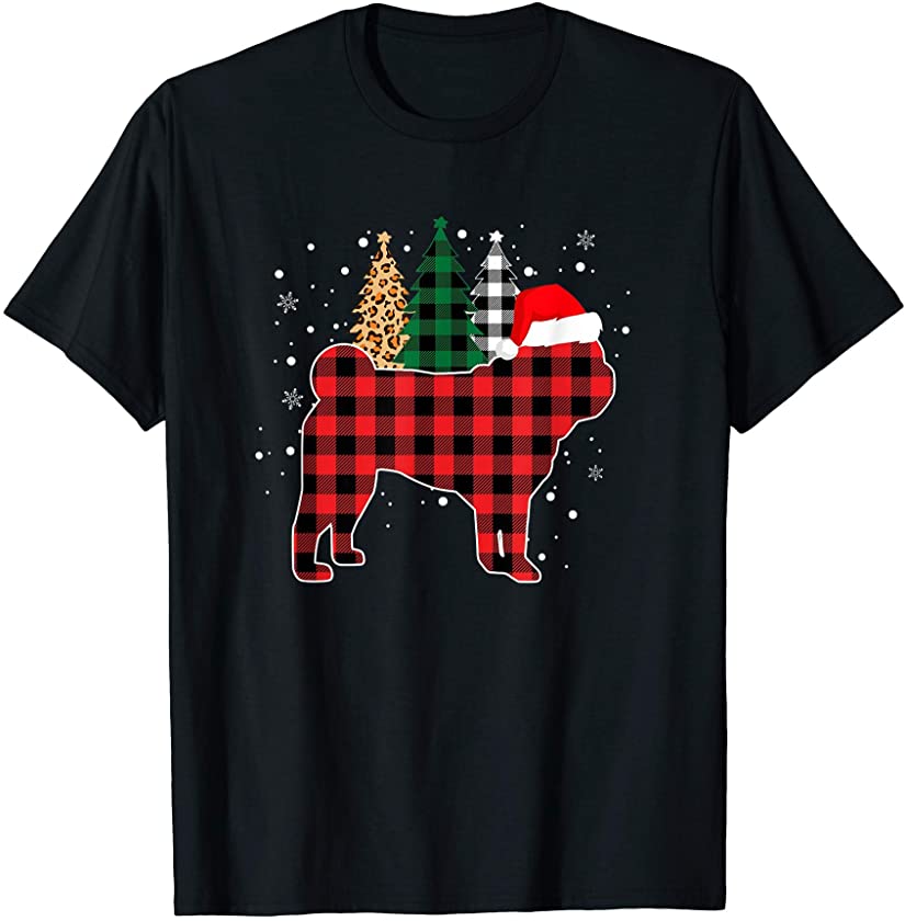 Buffalo Plaid Pug Dog Tree Leopard print Christmas Pajamas T-Shirt