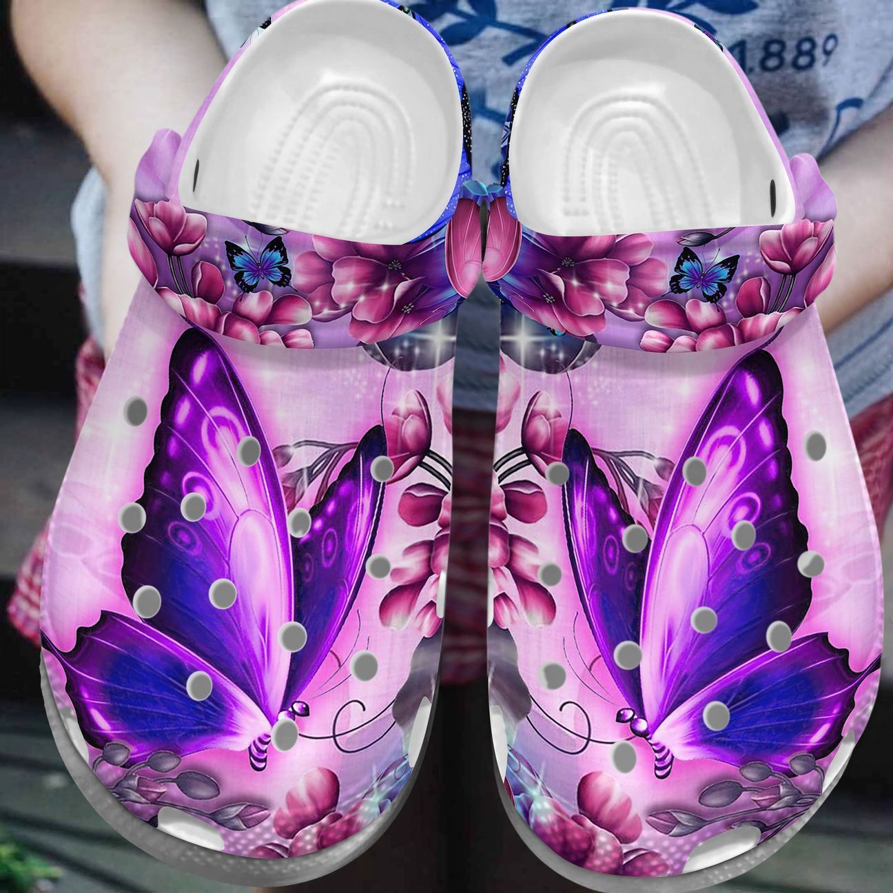 Butterfly Personalize Clog, Custom Name, Text, Fashion Style For Women, Men, Kid, Print 3D Beautiful Purple Rose With Butterflies