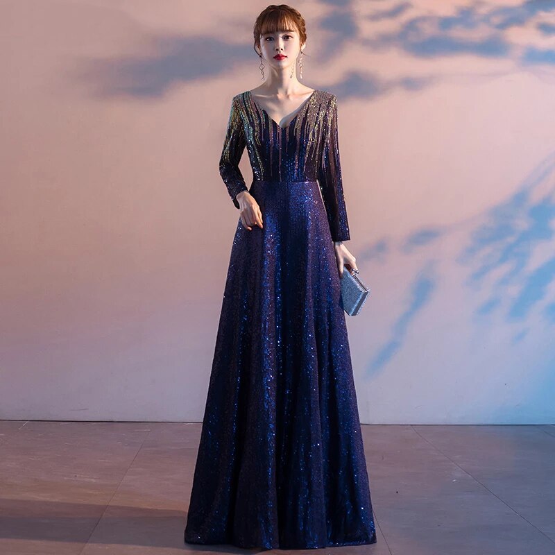 2022 Navy Blue Sequined Evening Dresses A-Line V-Neck Long Sleeve Sexy Sparkle Long Party Gowns Robe Longue alx