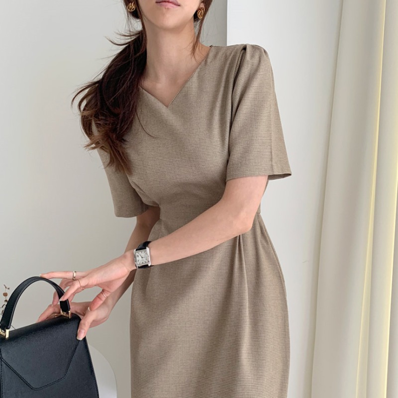 Vintage Solid A-line Maxi Dresses for Women Apricot V-neck Short Sleeve Elegant Dress Bow Female Chic Korea Vestidos Summer 2021 alx