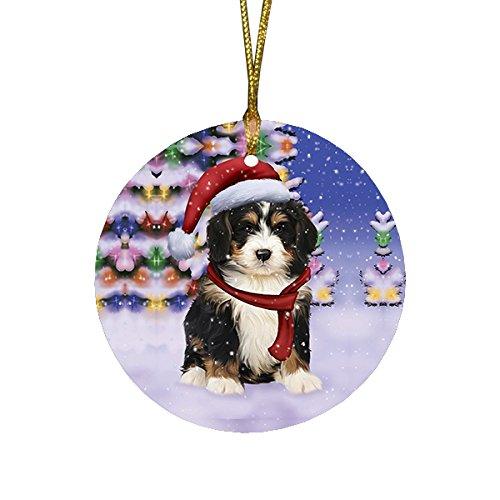 Winterland Wonderland Bernedoodle Puppy Dog In Christmas Holiday Scenic Background Round Ornament