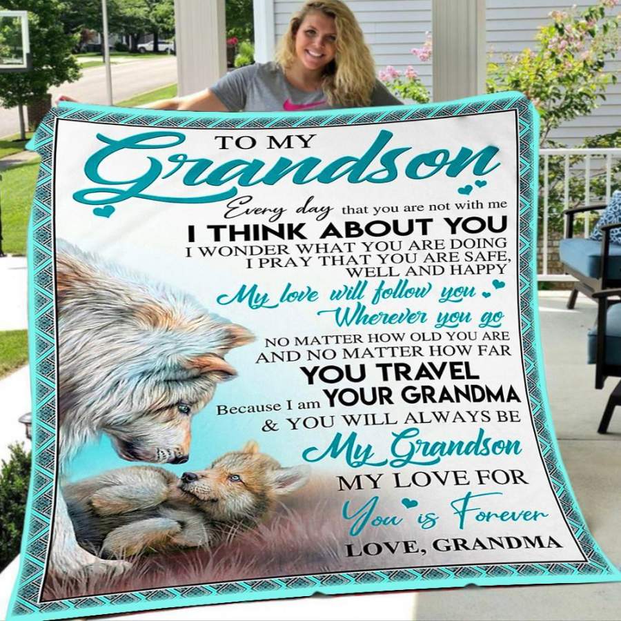 Wolf Custom Blanket To My Grandson Blanket – Gift For Grandson – Fleece Blanket