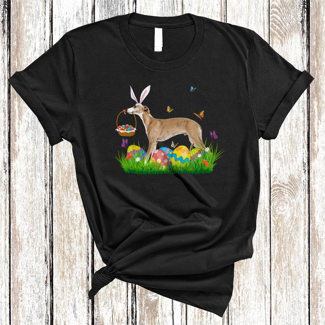 Bunny Whippet With Easter Egg Basket Cute Easter Butterfly Flower Egg Hunt Dog Lover Gifts T-Shirt