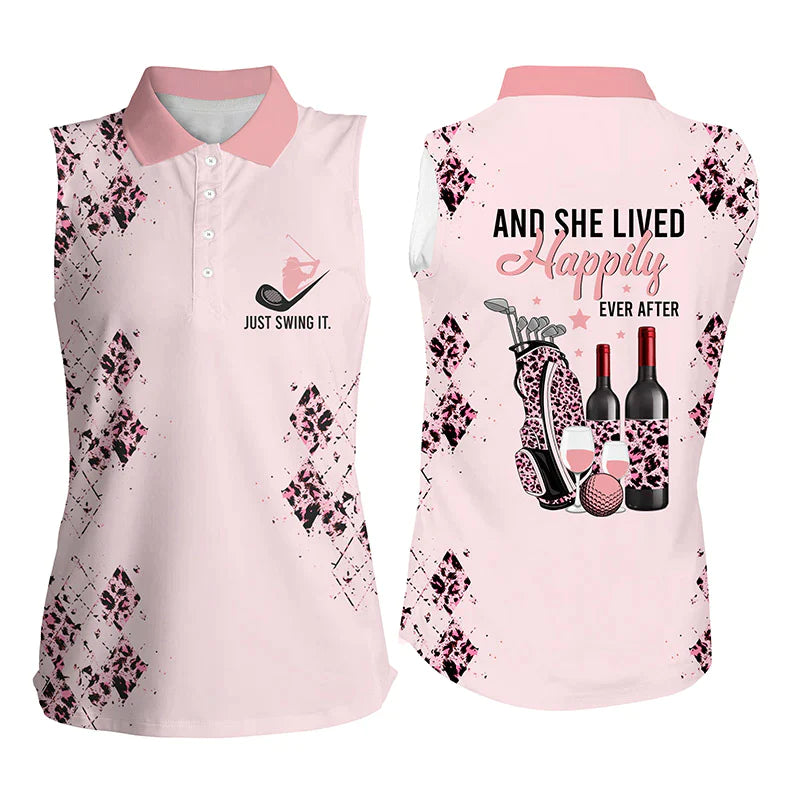 Pink Leopard Womens Sleeveless Polo Shirt, Golf Wine Just Swing It And She Lived Happily Ever After