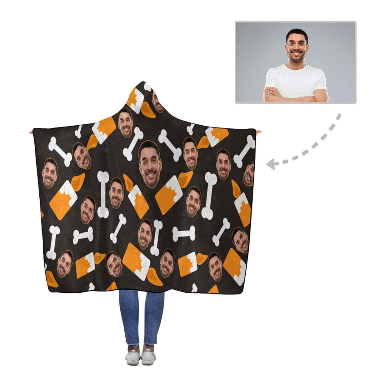 Custom Face Dog Bone Flannel Hooded Blanket