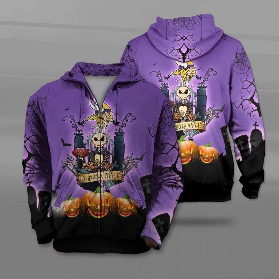 Minnesota Vikings Jack Skellington Halloween Zip Up Hoodie Unisex 3D All Over Print