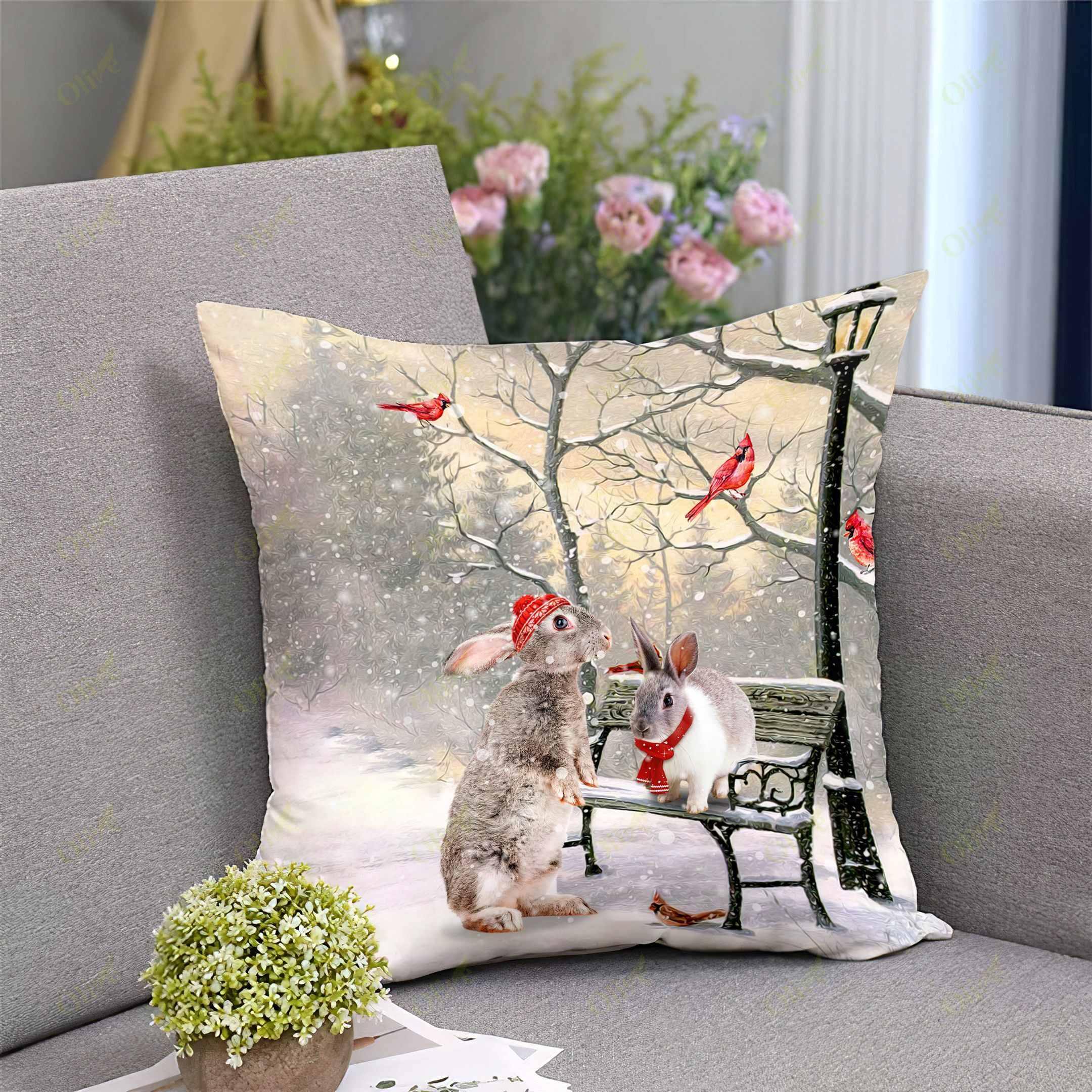 Rabbit On A Date Pillow Case, Pillow Sofa, Pillow Cover, Throw Pillow Covers