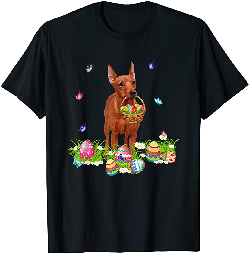 Miniature Pinscher Bunny Dog With Easter Eggs Basket T-Shirt