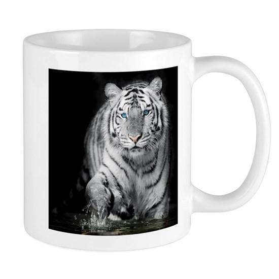 White Tiger Face Black Background Mug