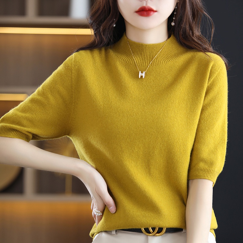 Women’s Short Sleeve Seamless Cashmere Sweater Knitted 100% Pure Wool 2022 Spring Half Sleeve Fashion Korean Outerwear Pullover alx