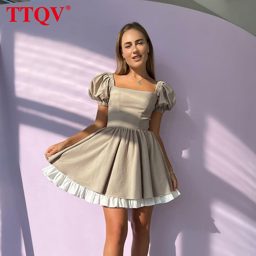 TTQV Sexy Squar Collar Elegant Dresses For Women Summer Green Short Sleeve Office Mini Dress Fashion Spliced Female Dress alx