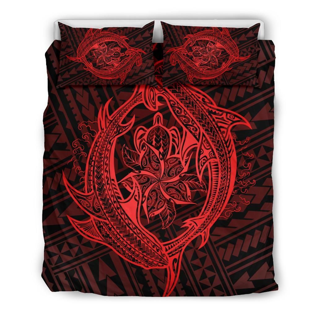 Alohawaii Bedding Set – Cover And Pillow Cases Hawaiian Hamerhead Shark Yin Yang Plumeria Polynesian – Red – Ah J9