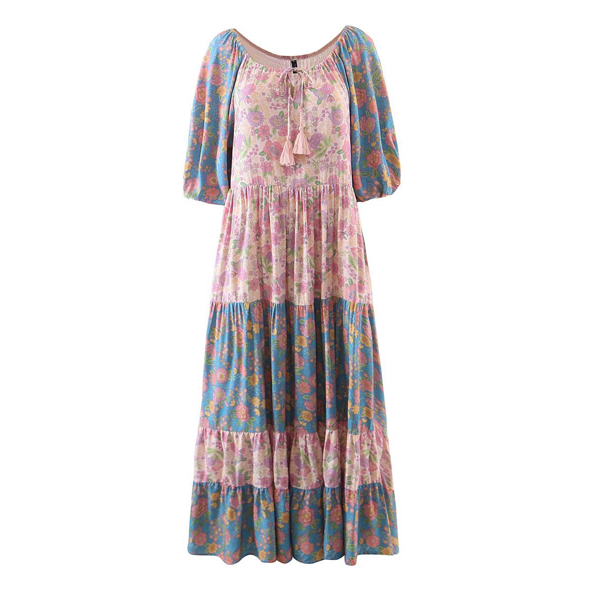 Vintage Chic Floral Print Long Dress Rayon Cotton Short Sleeve Casual Ethnic Style Bohemian Dresses Beach Wear Maxi Vestidos alx