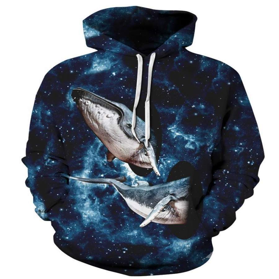 Long Sleeve Whale Fly to the Sky Galaxy Pattern 3D Painted Hoodie