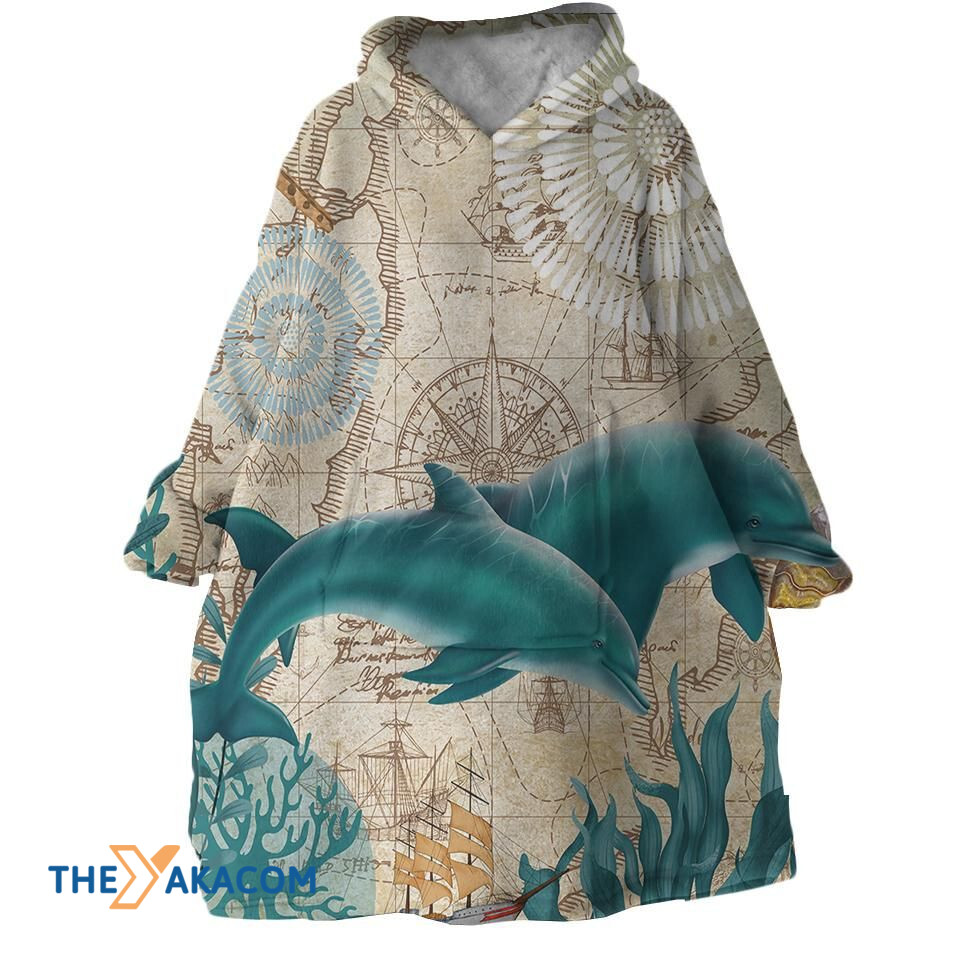 Dolphin On Compass Pattern Design Hoodie Blanket