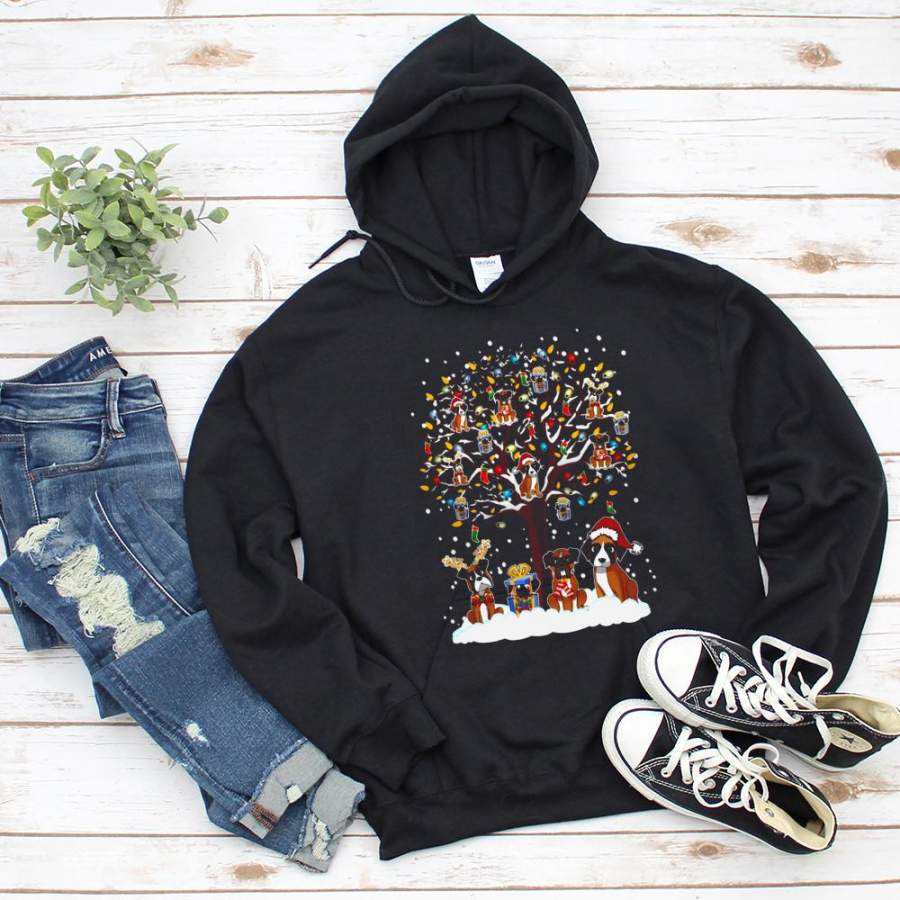 Boxer deer santa hat merry christmas tree snow winter happy holiday hoodie for men and women S-5XL