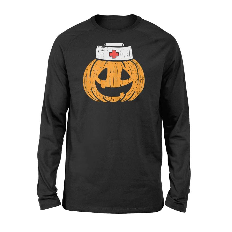 Womens Pumpkin Nurse Funny Scary Halloween Costume Rn Cna Icu Girls Long Sleeve T-Shirt