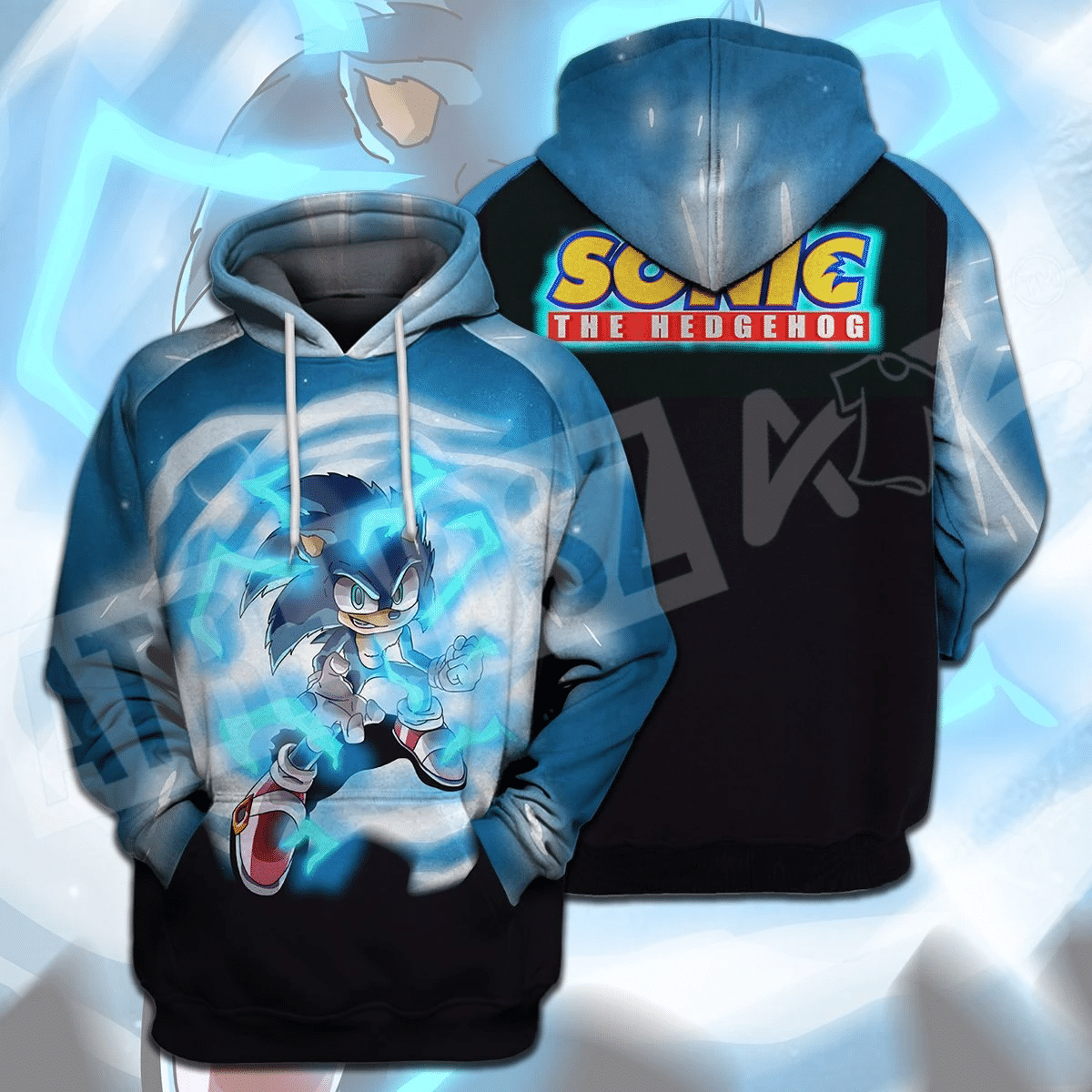 Sonic The Hedgehog T-Shirt Sonic Power Sonic The Hedgehog Logo Blue Black T-Shirt Hoodie Adult Full Print