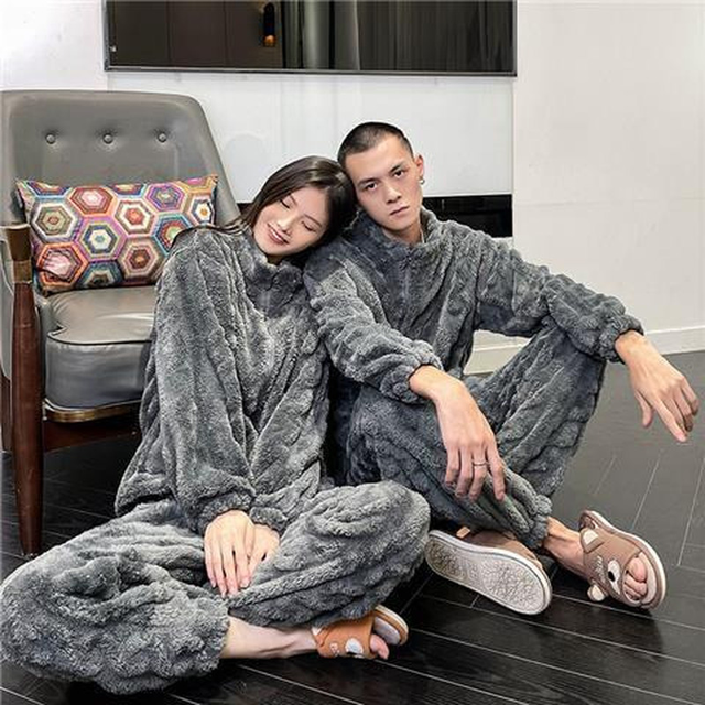 Winter Men’s Warm Pajama 2Pcs/Set Thick Flannel Pyjama Women Simple Soft Fleece Pyjamas Elastic Waist Couple Sleep Homewear alx