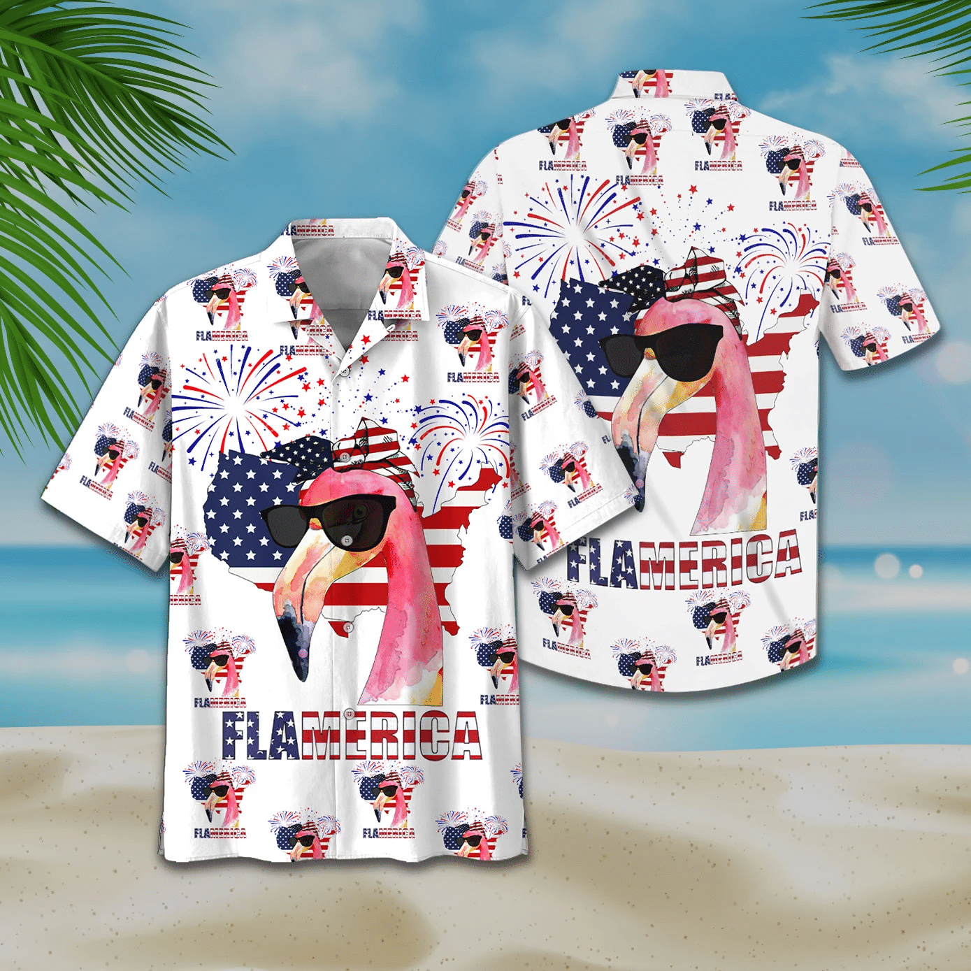 American Flag Flamingo Flamerica Hawaii Graphic Print Short Sleeve Hawaii Casual Shirt Ha31262