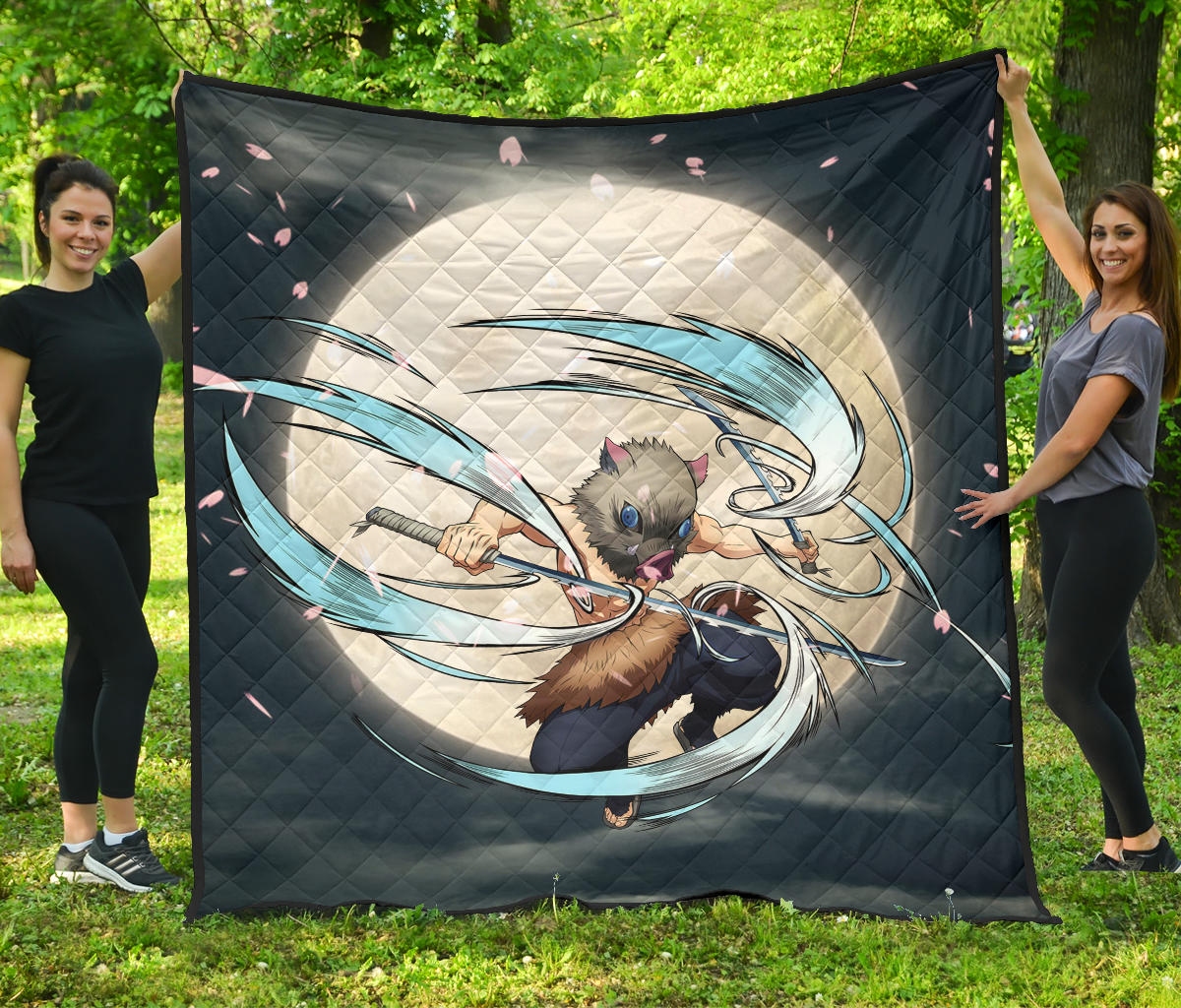 Demon Slayer Anime Premium Quilt – Hashibira Inosuke Using Sword On Moon Cherry Blossom Quilt Blanket