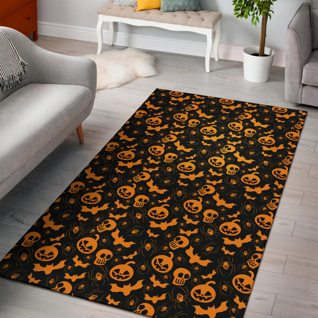 Halloween Area Rug | Orange Pumpkin Skull Bat Spider Symbols Rugs Home Decor