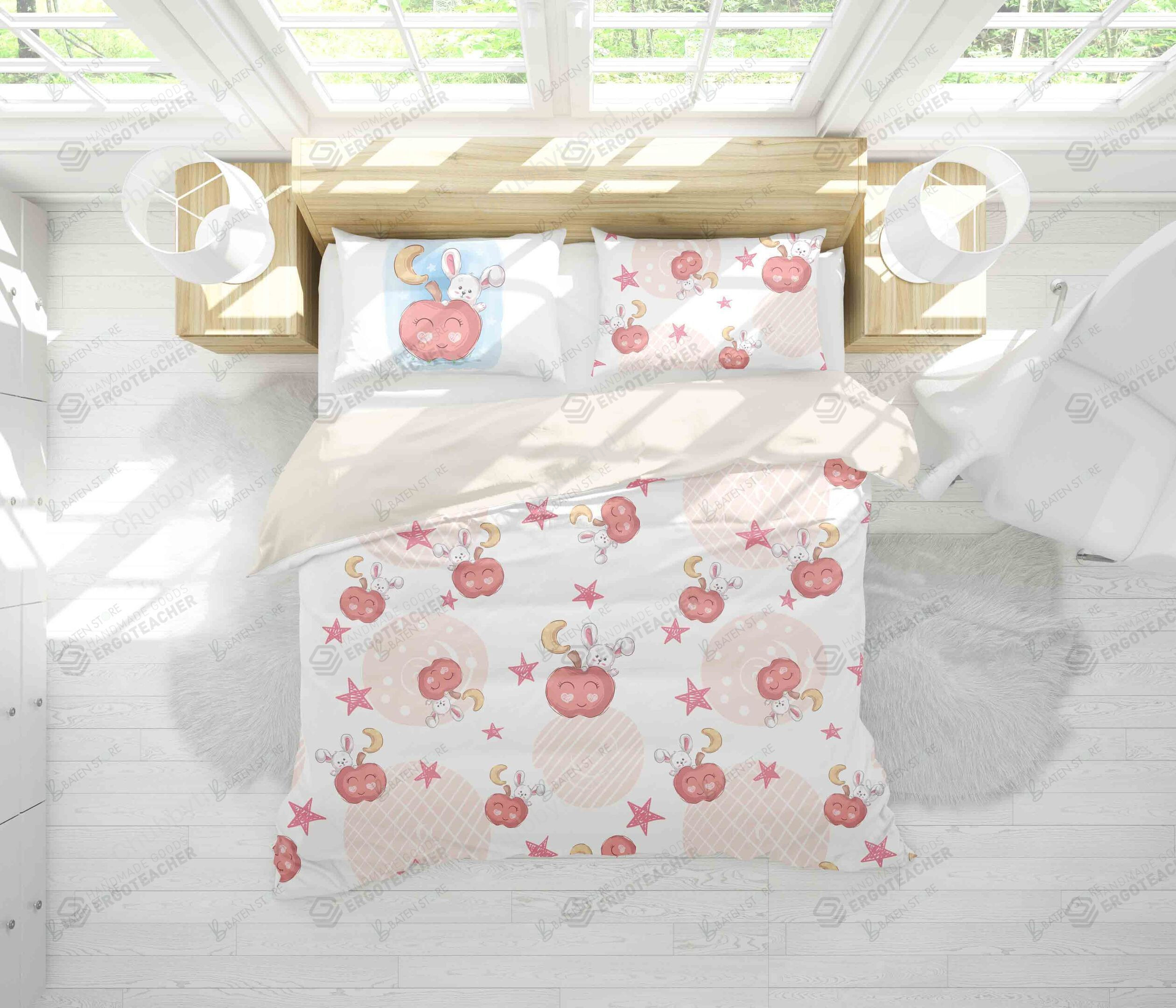 3D White Red Moon Star Rabbit Apple Bed Sheets Duvet Cover Bedding Set Great Gifts For Birthday Christmas Thanksgiving