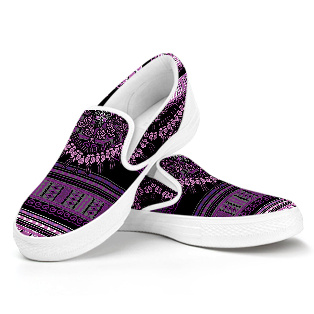 Purple And Black African Dashiki Print White Slip On Shoes