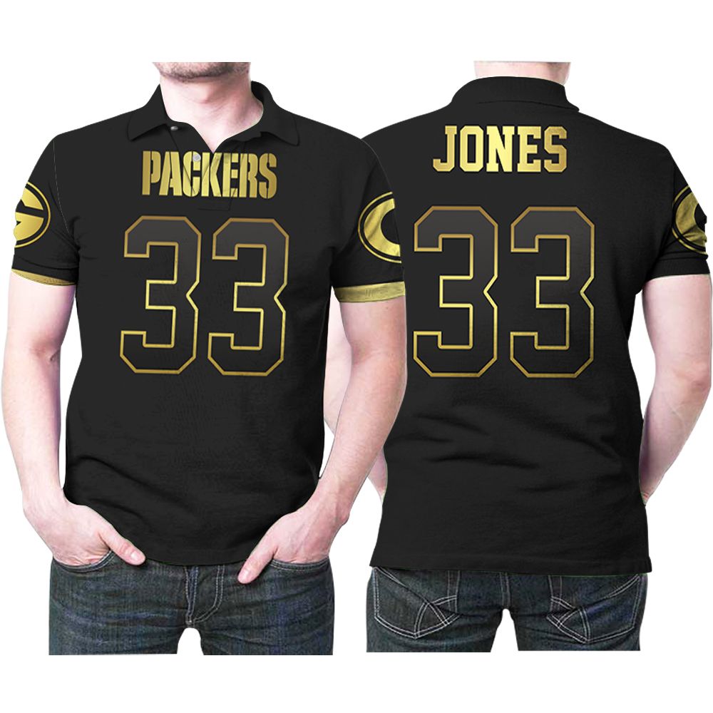 Green Bay Packers Aaron Jones 33 Black Golden Edition Vapor Jersey Style Gift For Packers Fans Polo Shirt All Over Print Shirt 3D T-Shirt