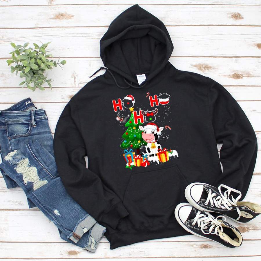 Cows ho ho ho christmas great gift xmas tree candy cane gifts merry christmas lovers black hoodie for men and women S-5XL