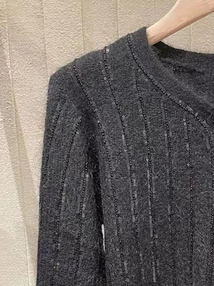 Women Knitting Sweater Single-Breasted Buttons Sequin Striped Slim Cardigan Female Small V-Neck Long Sleeve Short Knitwear alx