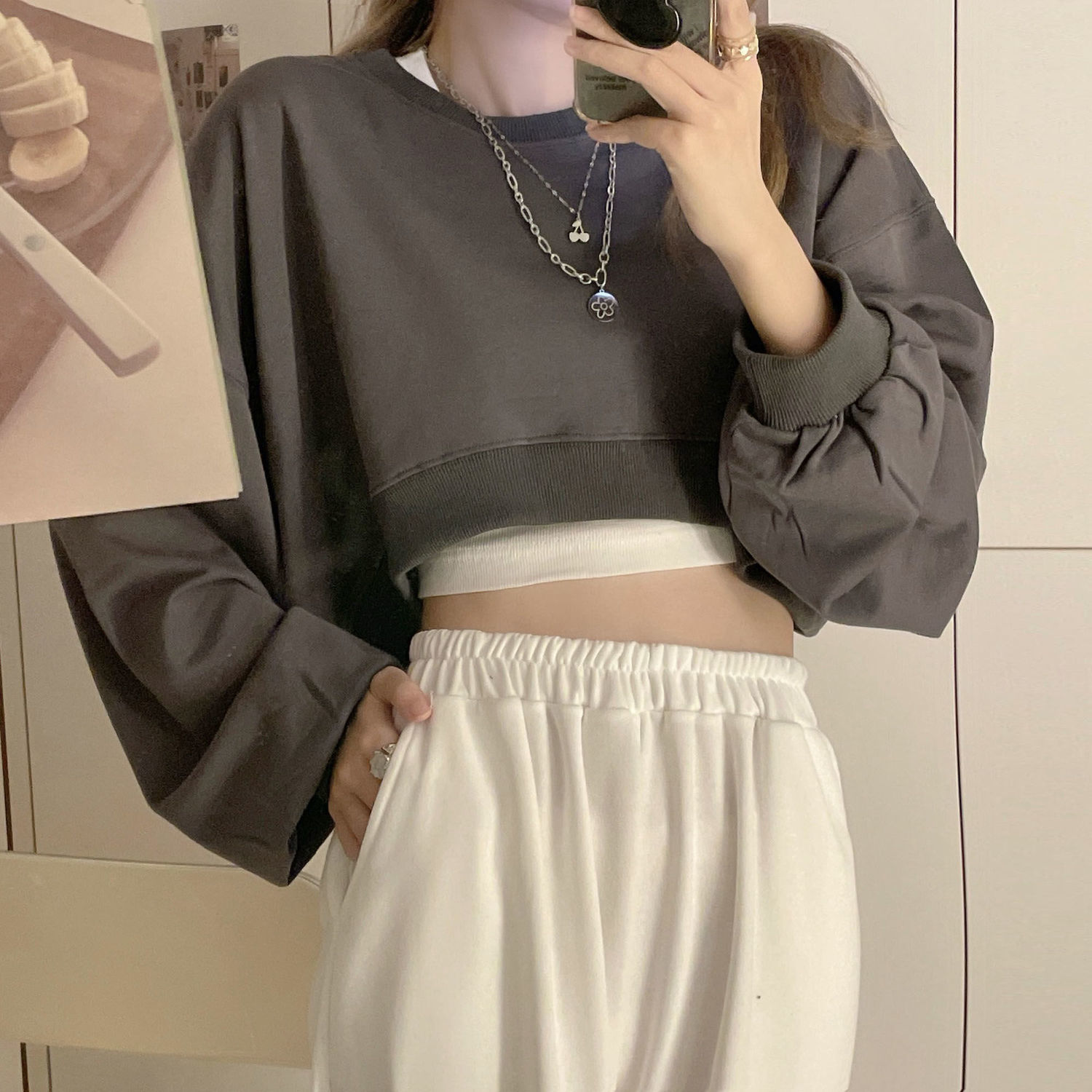 Sweatshirts Women Solid Cropped Sexy Loose All-match Navel Early Autumn Casual Harajuku Simple Pullover Aesthetic Clothes Mujer alx