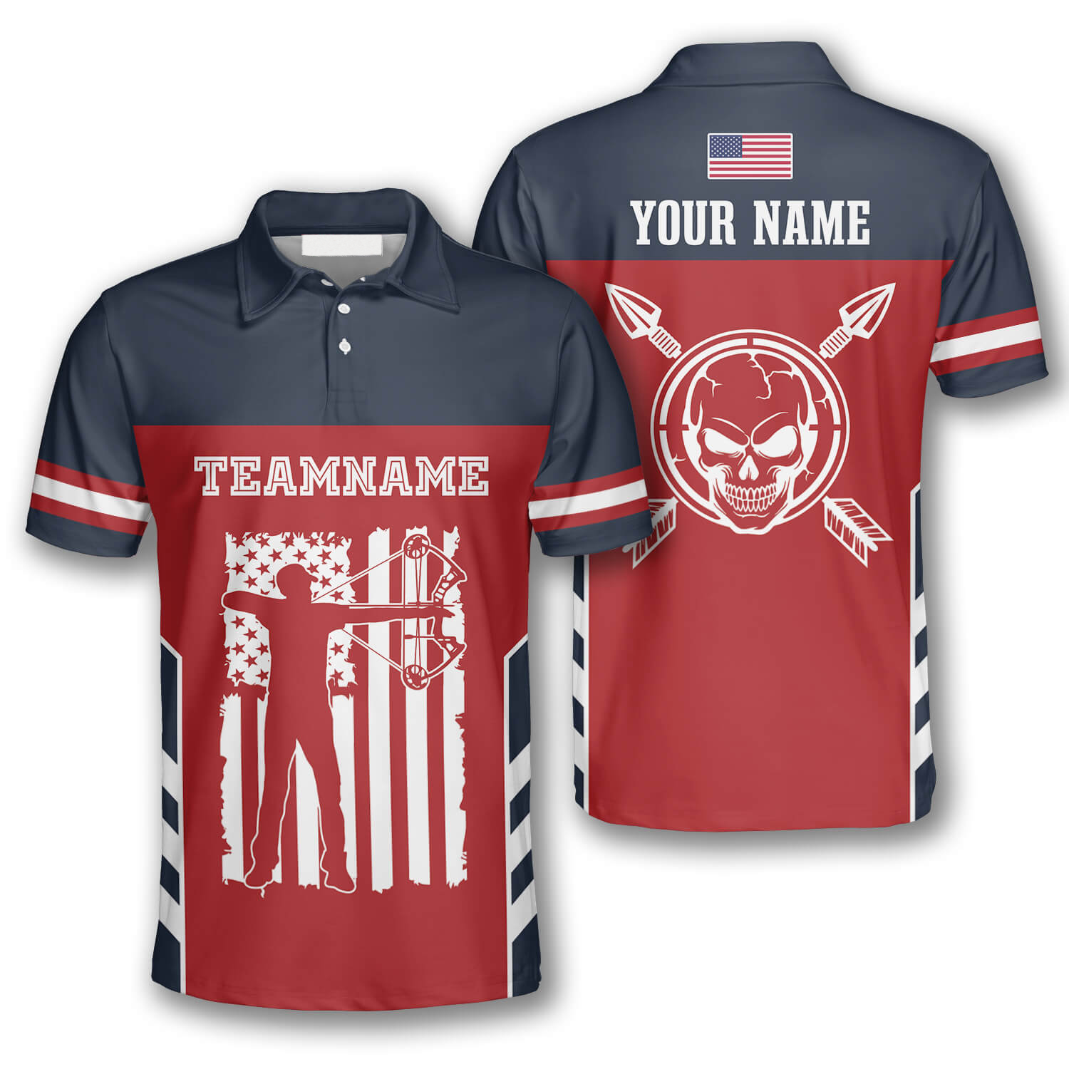 Skull Flag Red Navy Custom Archery Shirts For Men, Skull Shirt, Archery Skull Shirt