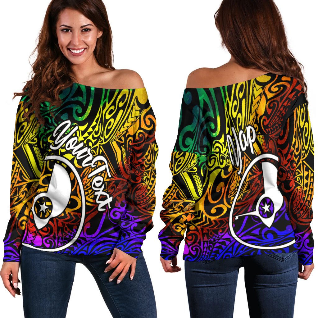 Yap Custom Personalised Women’s Off Shoulder Sweater – Rainbow Polynesian Pattern – BN11