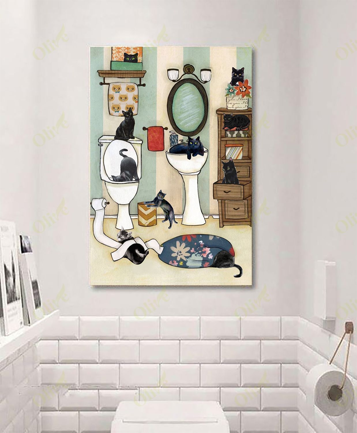 Black Cat In The Bathroom Canvas Wall Art Home Decor