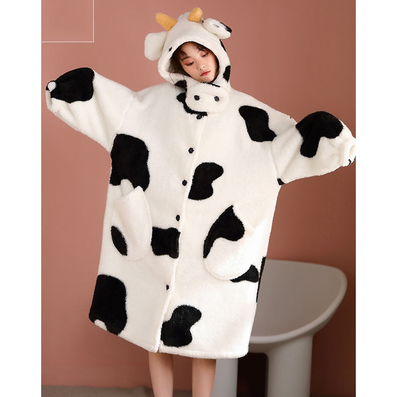 Cute Cow Pajamas Women Winter Nightgown Female Long Thickened Flannel Sleep Dress Girl Home Service Winter Bathrobe Alx Epicstees