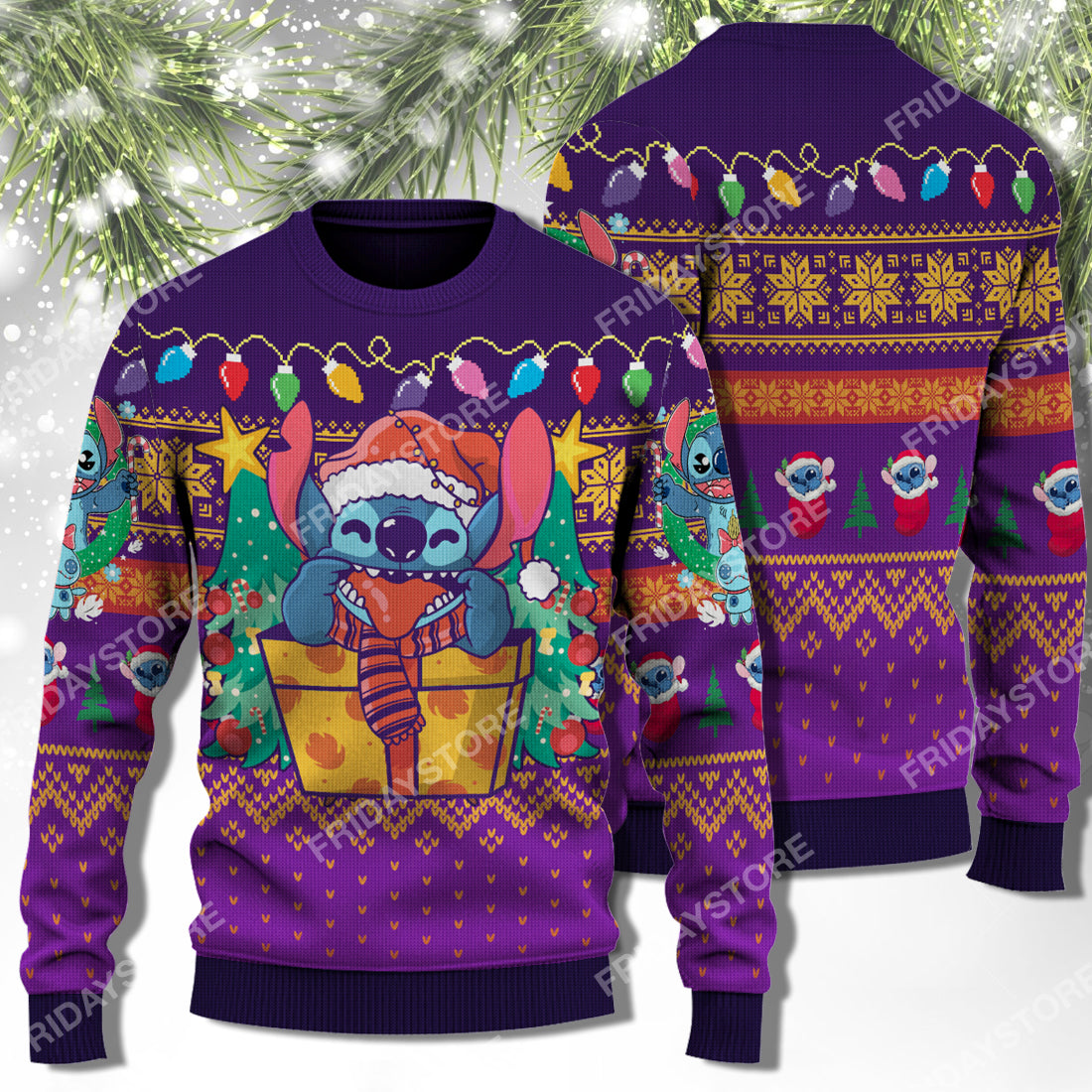 Unifinz Las Sweater Happy Stitch With Christmas Tree Christmas Sweater Cute Awesome Dn Stitch Ugly Sweater 2022