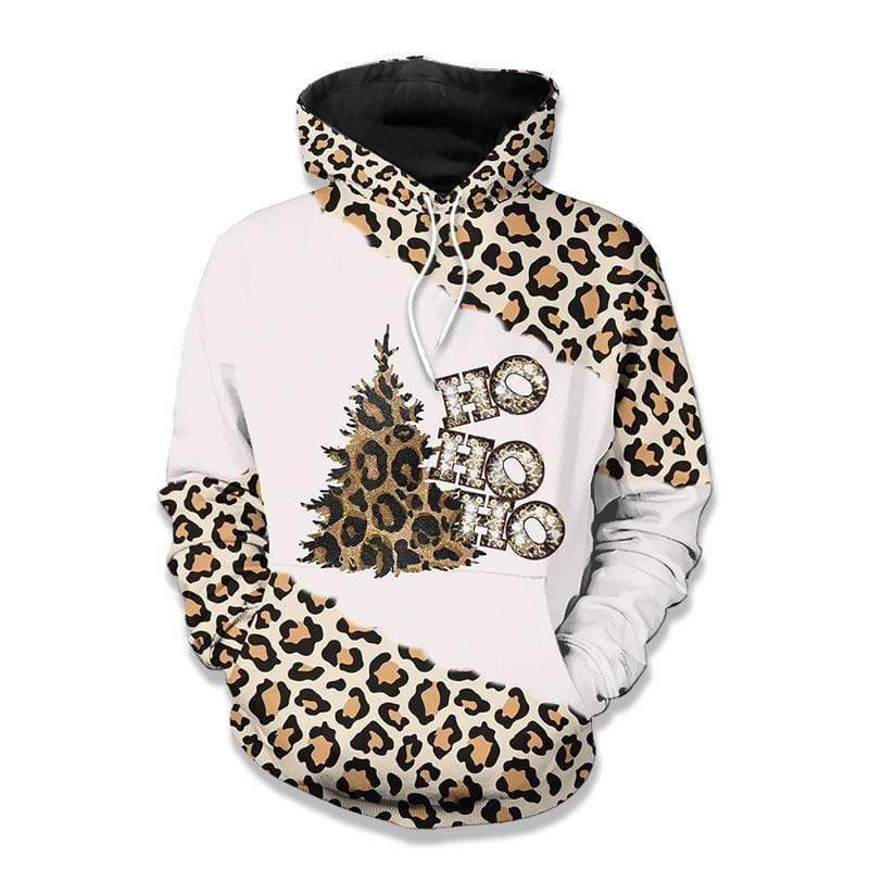 Leopard Womens Ho Ho Ho Christmas Tree Hoodie 3D H