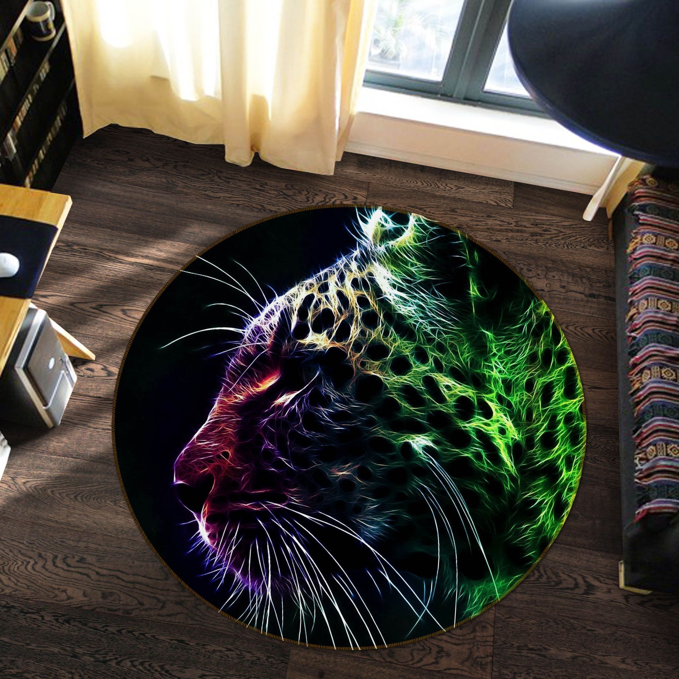 3D Colorful Light Leopard Round Rug – Round Carpet Home Decor