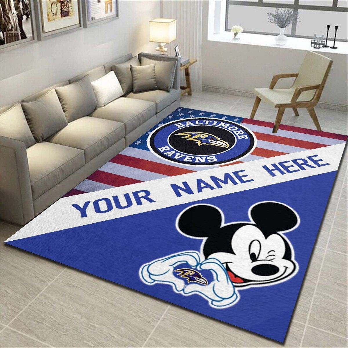 Baltimore Ravens & Mickey Personalized Rug, Living Room Carpet – Customized Floor Decor