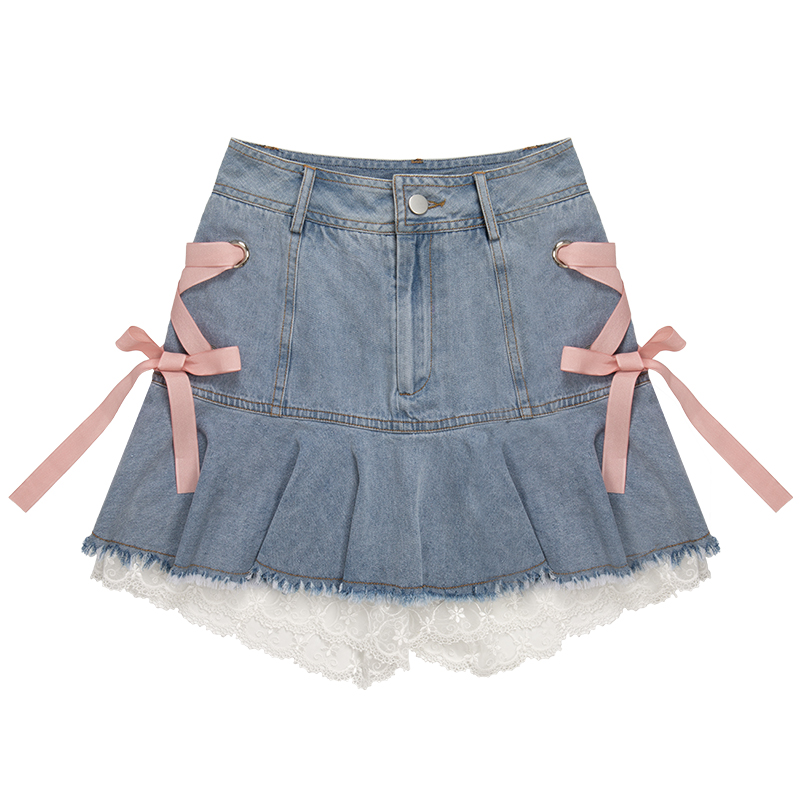 Summer Blue Korean Style Denim Skirt Women A-line Lace Elegant Party Mini Skirts Female Pink Bandage Casual Sweet Skirt 2022 New alx